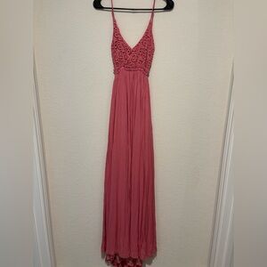 Rose Pink Crochet Bodice Maxi Dress with Spaghetti Straps